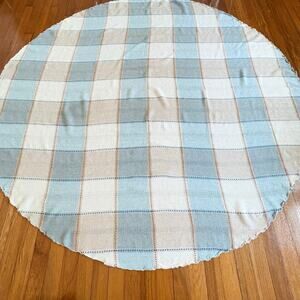 Vintage Blue Cream Plaid Round Tablecloth 64 Inch